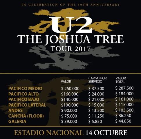 U2 en Chile 2017 - Valores